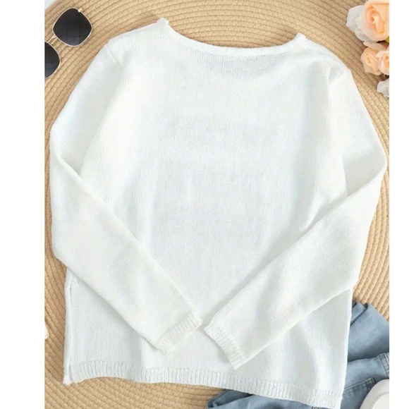 Cozy White Coffee Beach Repeat Graphic Sweater Top - Picture 8 of 8